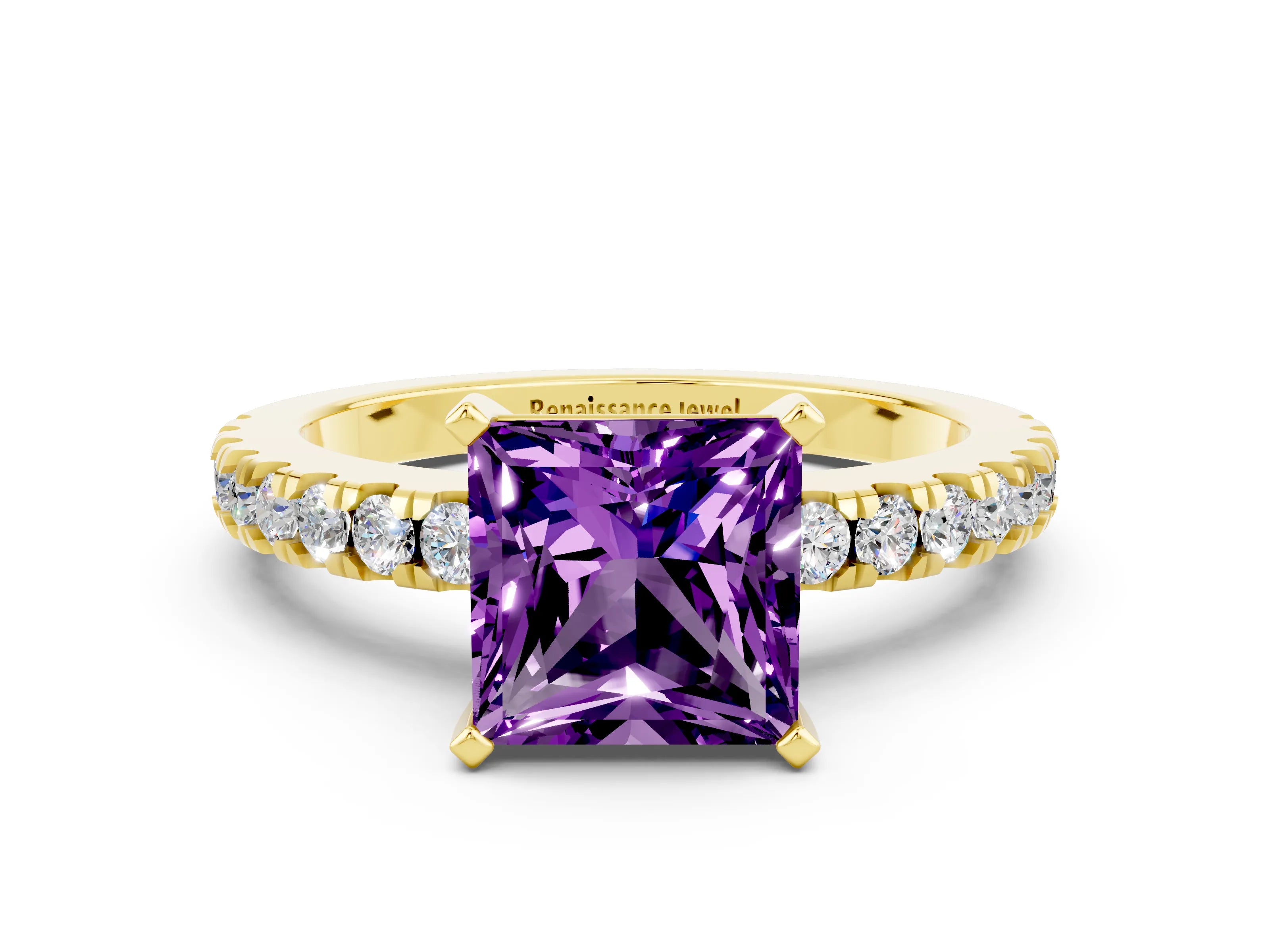 Yellow gold Princess Cut Solitaire Diamond with Pavé Band and Four-Prong Setting
