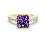Yellow gold Princess Cut Solitaire Diamond with Pavé Band and Four-Prong Setting