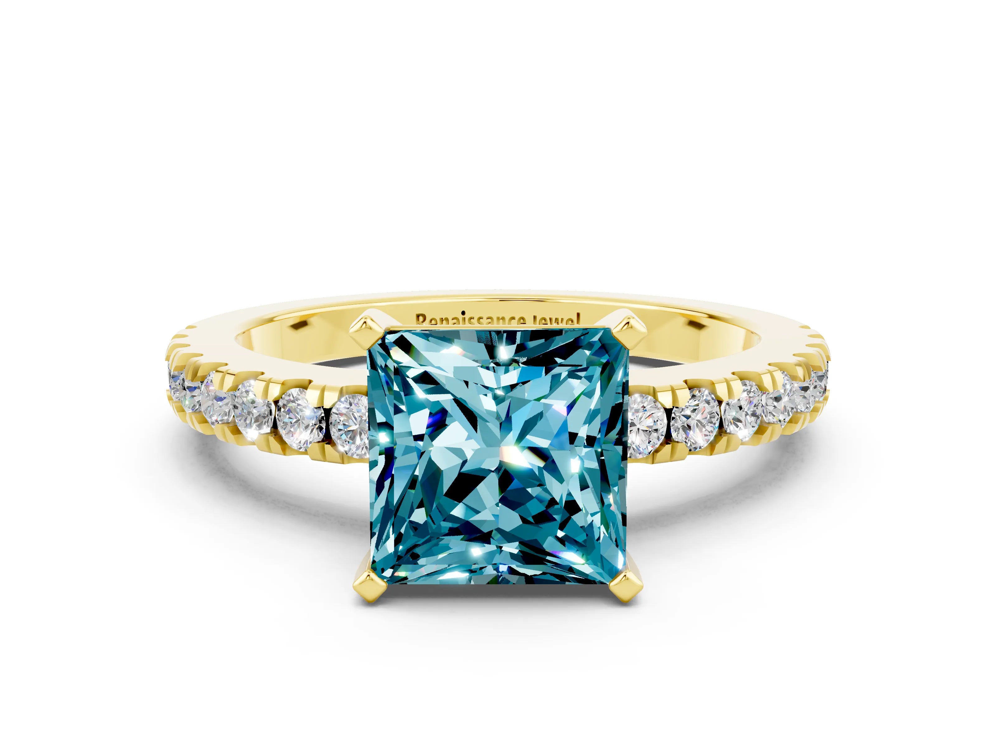 Yellow gold Princess Cut Solitaire Diamond with Pavé Band and Four-Prong Setting