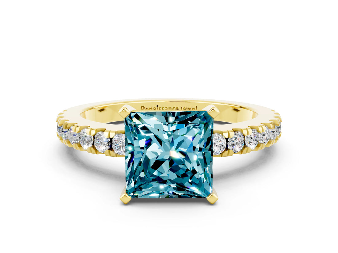 Yellow gold Princess Cut Solitaire Diamond with Pavé Band and Four-Prong Setting