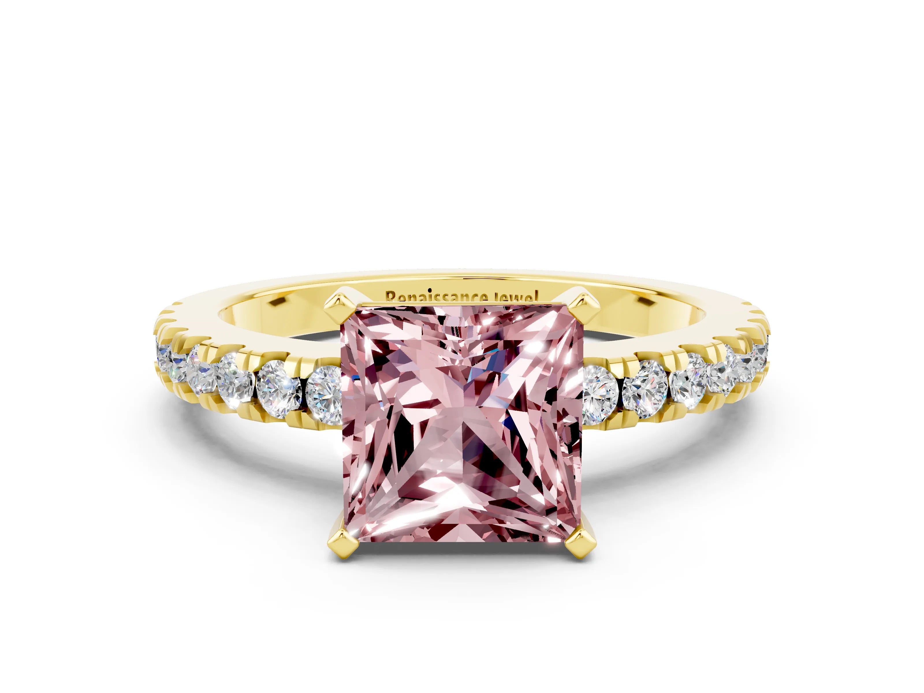 Yellow gold Princess Cut Solitaire Diamond with Pavé Band and Four-Prong Setting