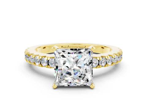 Yellow gold Princess Cut Solitaire Diamond with Pavé Band and Four-Prong Setting