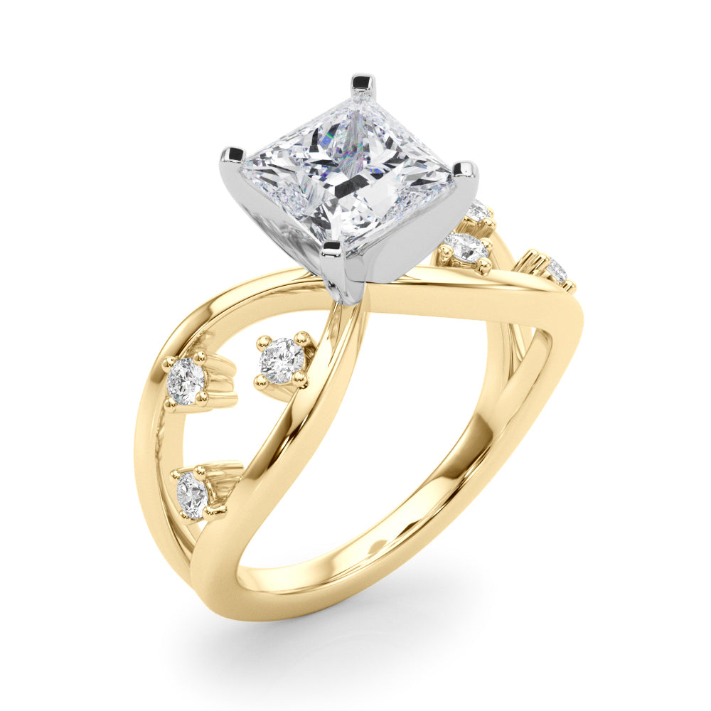 Yellow gold Princess Cut Solitaire Diamond with Side Stones on Criss-Cross Band and Four-Prong Setting 1