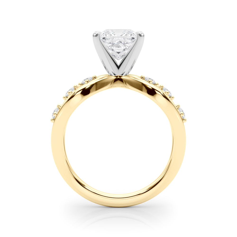 Yellow gold Princess Cut Solitaire Diamond with Side Stones on Criss-Cross Band and Four-Prong Setting 2