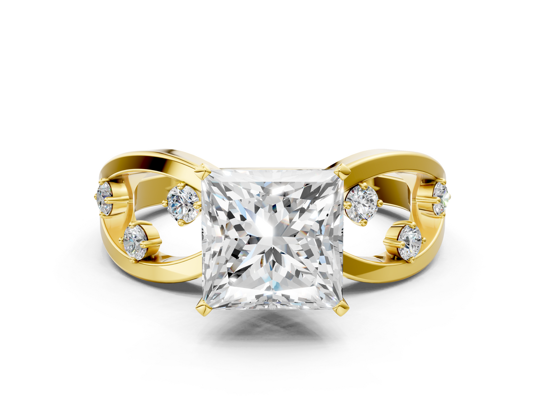Yellow gold Princess Cut Solitaire Diamond with Side Stones on Criss-Cross Band and Four-Prong Setting_26