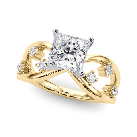 Yellow gold Princess Cut Solitaire Diamond with Side Stones on Criss-Cross Band and Four-Prong Setting