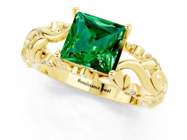Yellow gold Princess Cut Solitaire Emerald Leaf-Inspired Vine Band Ring with Prong Setting