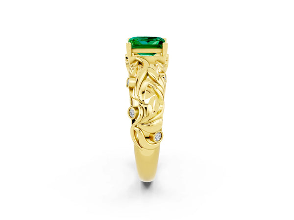 Yellow gold Princess Cut Solitaire Emerald Leaf-Inspired Vine Band Ring with Prong Setting