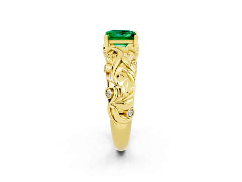 Yellow gold Princess Cut Solitaire Emerald Leaf-Inspired Vine Band Ring with Prong Setting_2