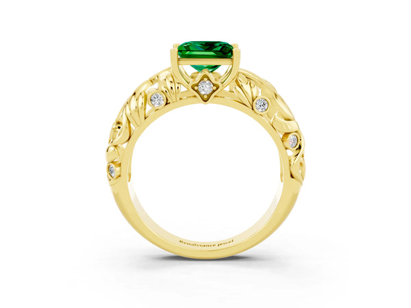 Yellow gold Princess Cut Solitaire Emerald Leaf-Inspired Vine Band Ring with Prong Setting