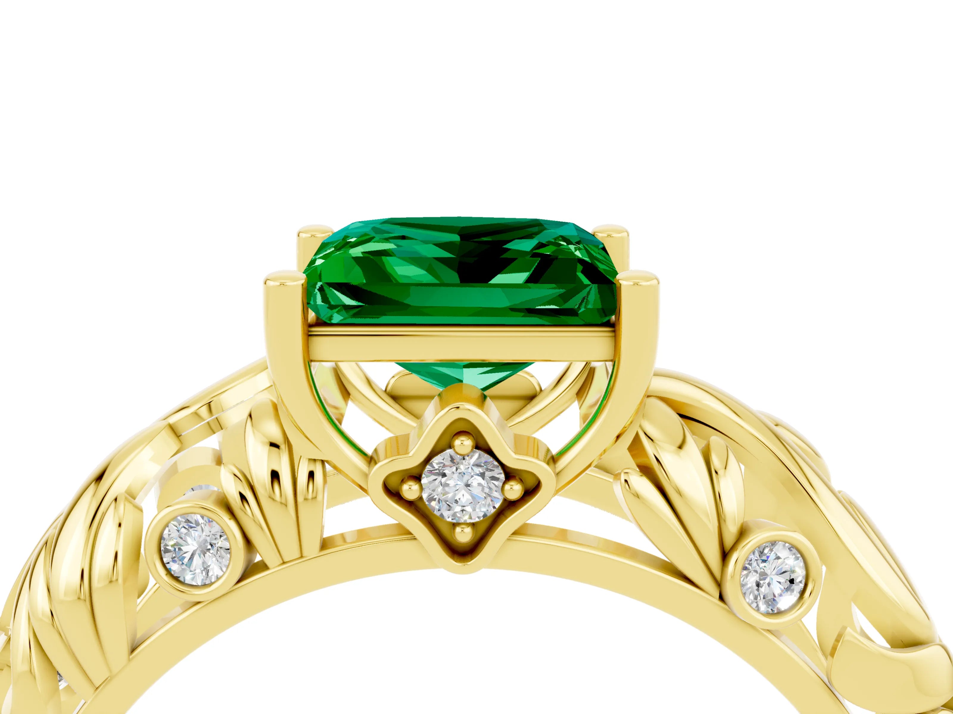 Yellow gold Princess Cut Solitaire Emerald Leaf-Inspired Vine Band Ring with Prong Setting_4