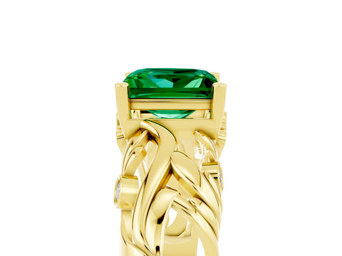 Yellow gold Princess Cut Solitaire Emerald Leaf-Inspired Vine Band Ring with Prong Setting_5