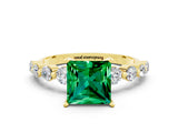 Yellow gold Princess Cut Solitaire Emerald Ring with Pave Band and Four-Prong Setting