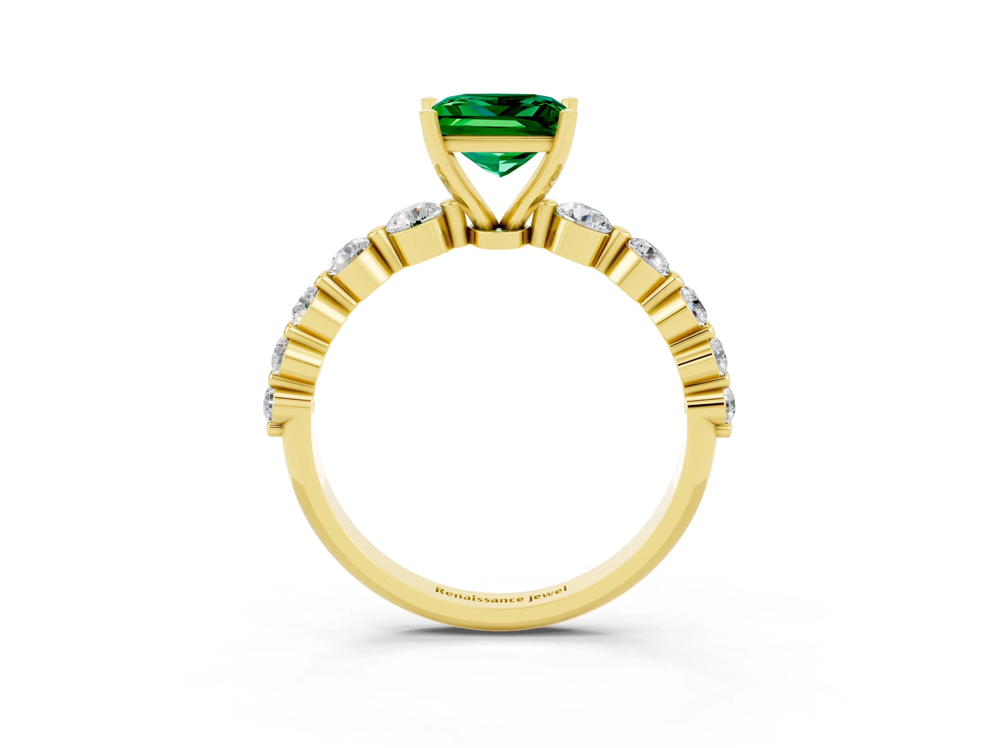 Yellow gold Princess Cut Solitaire Emerald Ring with Pave Band and Four-Prong Setting_3