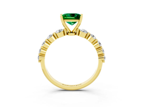 Yellow gold Princess Cut Solitaire Emerald Ring with Pave Band and Four-Prong Setting
