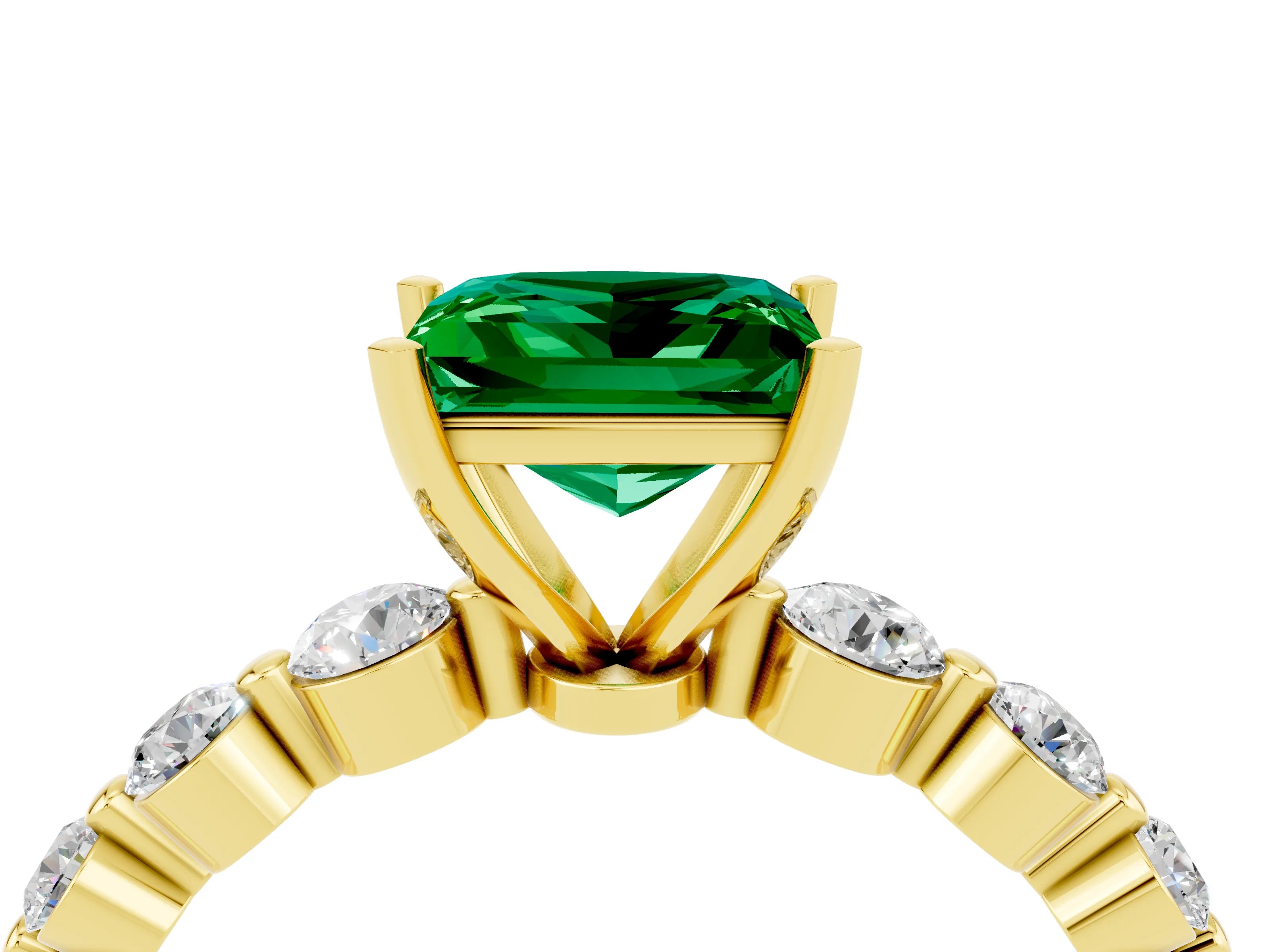 Yellow gold Princess Cut Solitaire Emerald Ring with Pave Band and Four-Prong Setting_4