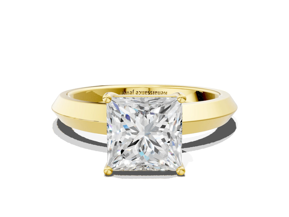 Yellow gold Princess Cut Solitaire Engagement Ring with Flat Band and Four-Prong Setting