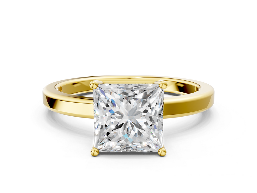 Yellow gold Princess Cut Solitaire Engagement Ring with Four-Prong Setting on a Classic Band