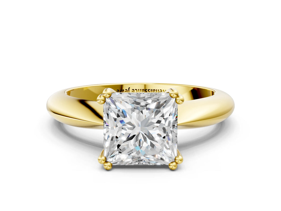 Yellow gold Princess Cut Solitaire Engagement Ring with Tapered Band and Four-Prong Setting 1