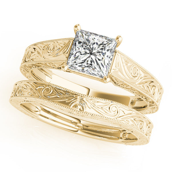 Yellow gold Princess Cut Solitaire Engraved Band with Four-Prong Setting 1