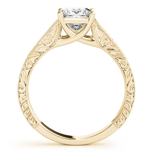 Yellow gold Princess Cut Solitaire Engraved Band with Four-Prong Setting 2