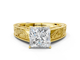 10K Yellow Gold 0.99 Carat E VVS2 Princess Diamond Solitaire Ring with Engraved Band and Four-Prong Setting