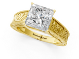 10K Yellow Gold 0.99 Carat E VVS2 Princess Diamond Solitaire Ring with Engraved Band and Four-Prong Setting