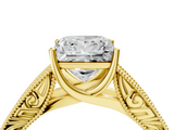10K Yellow Gold 0.99 Carat E VVS2 Princess Diamond Solitaire Ring with Engraved Band and Four-Prong Setting