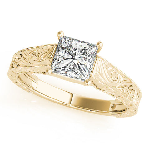 Yellow gold Princess Cut Solitaire Engraved Band with Four-Prong Setting