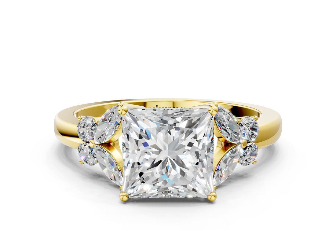 Yellow gold Princess Cut Solitaire Floral Diamond Ring with Four-Prong Setting_33