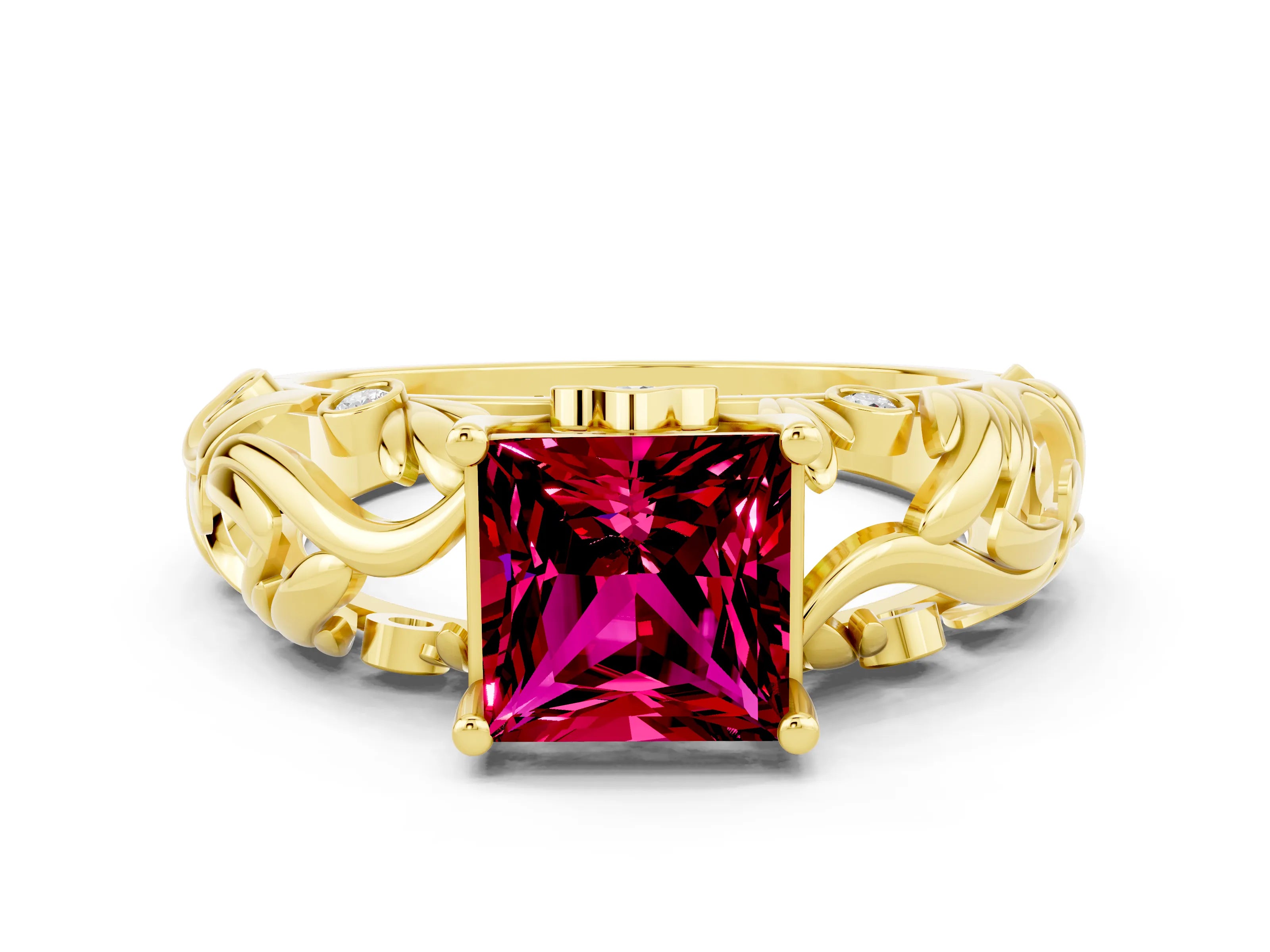 Yellow gold Princess Cut Solitaire Garnet Leaf-Inspired Vine Band Ring with Prong Setting