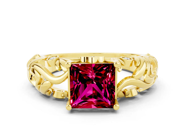 Yellow gold Princess Cut Solitaire Garnet Leaf-Inspired Vine Band Ring with Prong Setting