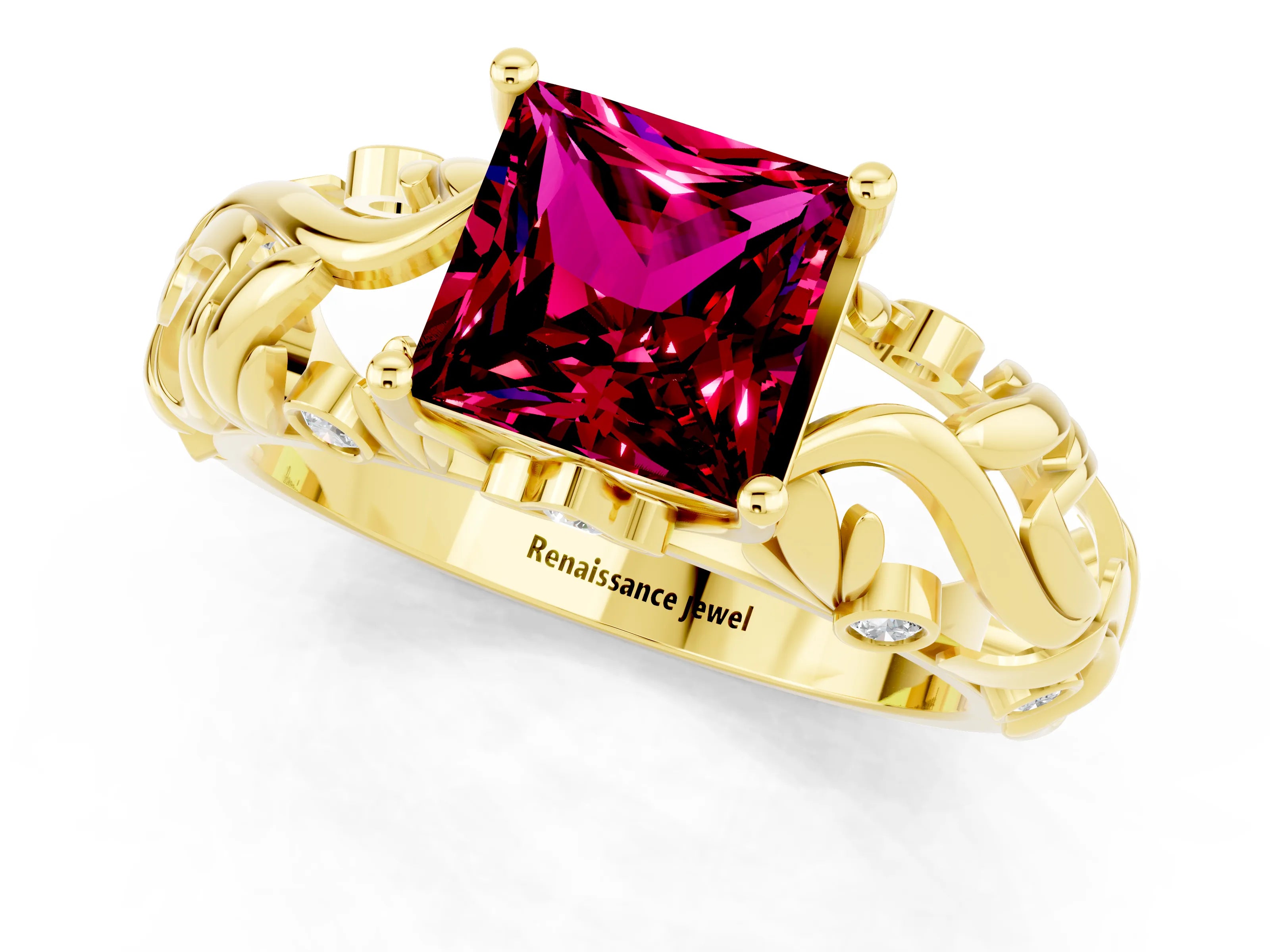 Yellow gold Princess Cut Solitaire Garnet Leaf-Inspired Vine Band Ring with Prong Setting_1