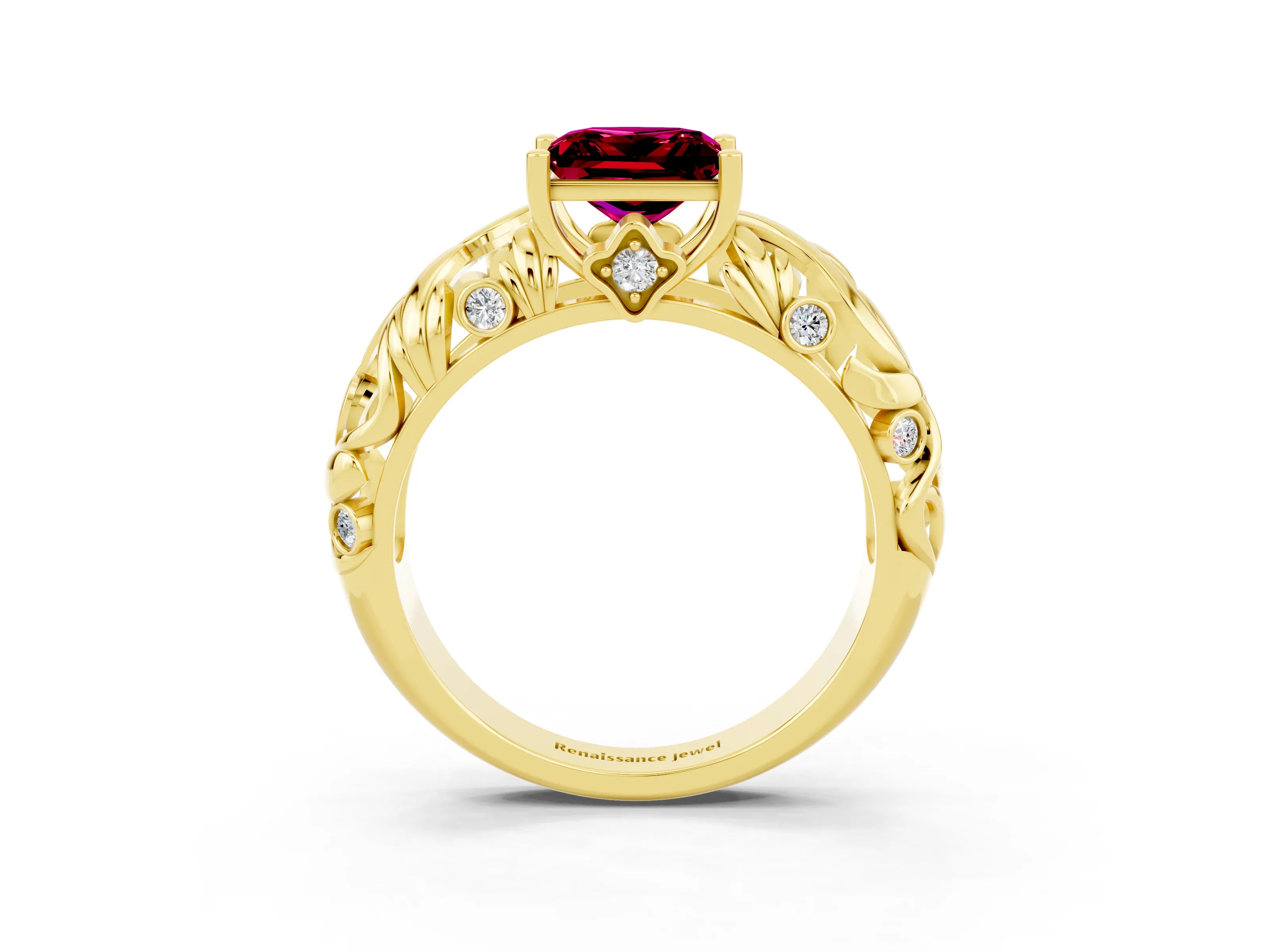 Yellow gold Princess Cut Solitaire Garnet Leaf-Inspired Vine Band Ring with Prong Setting_3