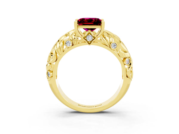 Yellow gold Princess Cut Solitaire Garnet Leaf-Inspired Vine Band Ring with Prong Setting