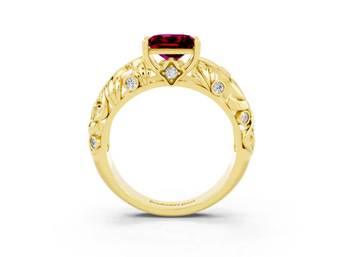 Yellow gold Princess Cut Solitaire Garnet Leaf-Inspired Vine Band Ring with Prong Setting_3