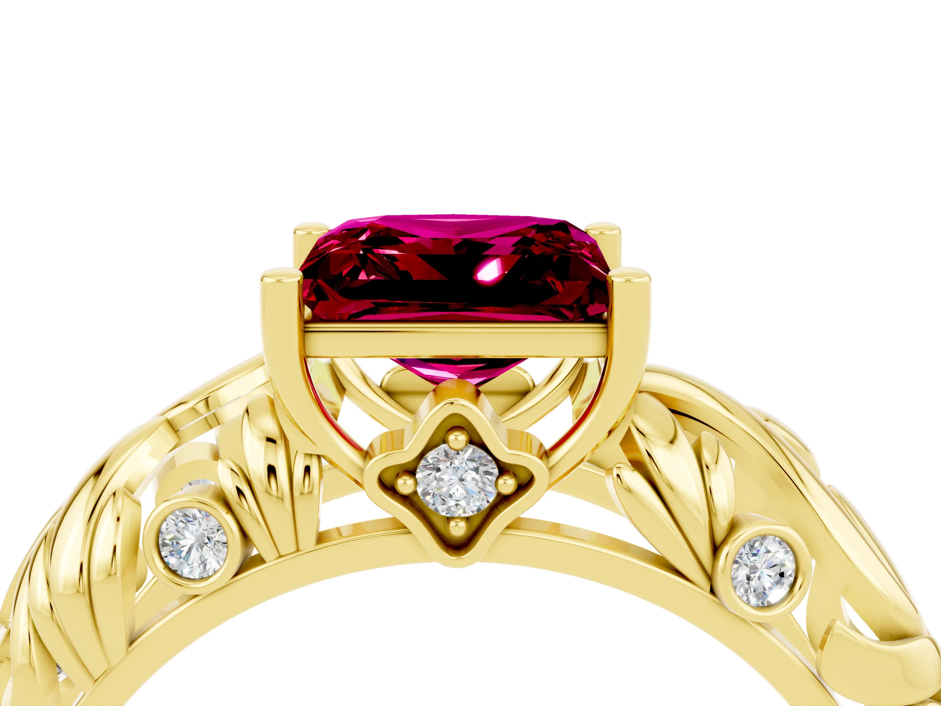 Yellow gold Princess Cut Solitaire Garnet Leaf-Inspired Vine Band Ring with Prong Setting_4