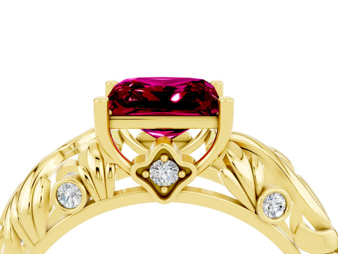 Yellow gold Princess Cut Solitaire Garnet Leaf-Inspired Vine Band Ring with Prong Setting_4