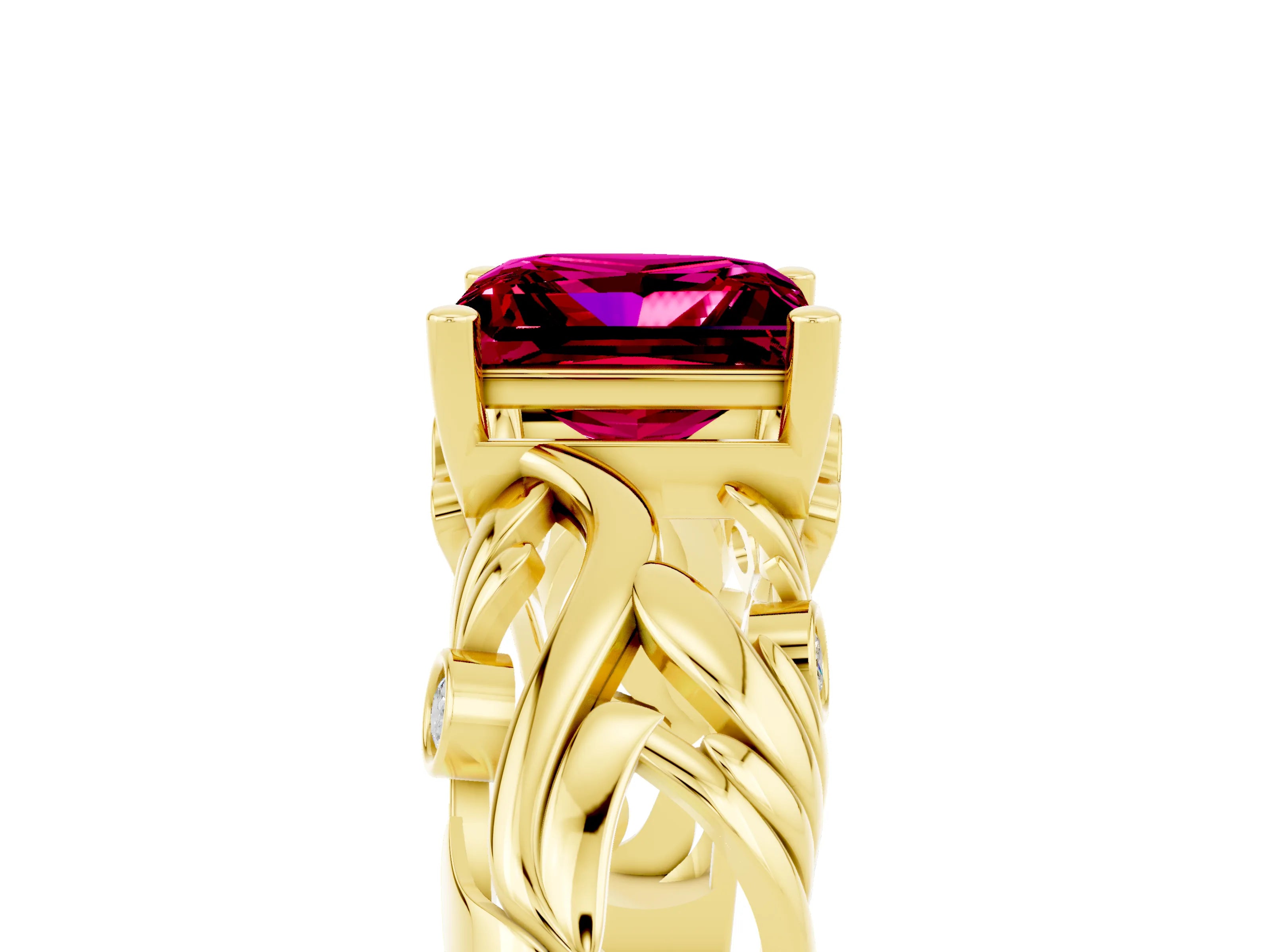 Yellow gold Princess Cut Solitaire Garnet Leaf-Inspired Vine Band Ring with Prong Setting_5