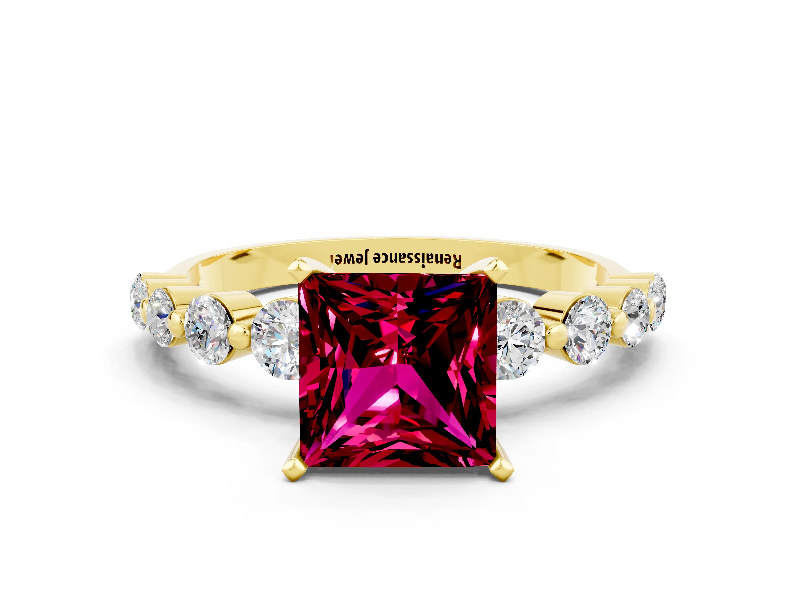 Yellow gold Princess Cut Solitaire Garnet Ring with Pave Band and Four-Prong Setting
