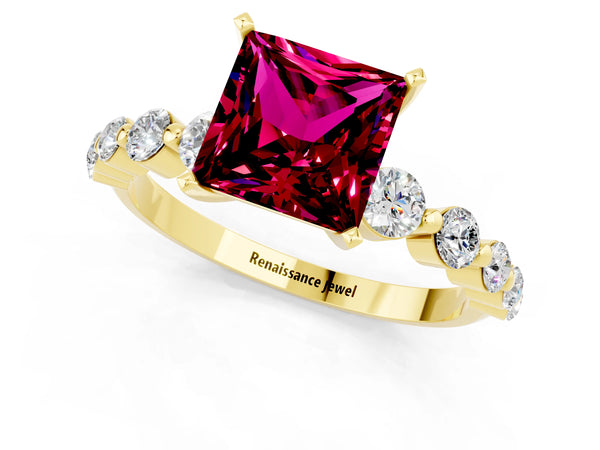 Yellow gold Princess Cut Solitaire Garnet Ring with Pave Band and Four-Prong Setting