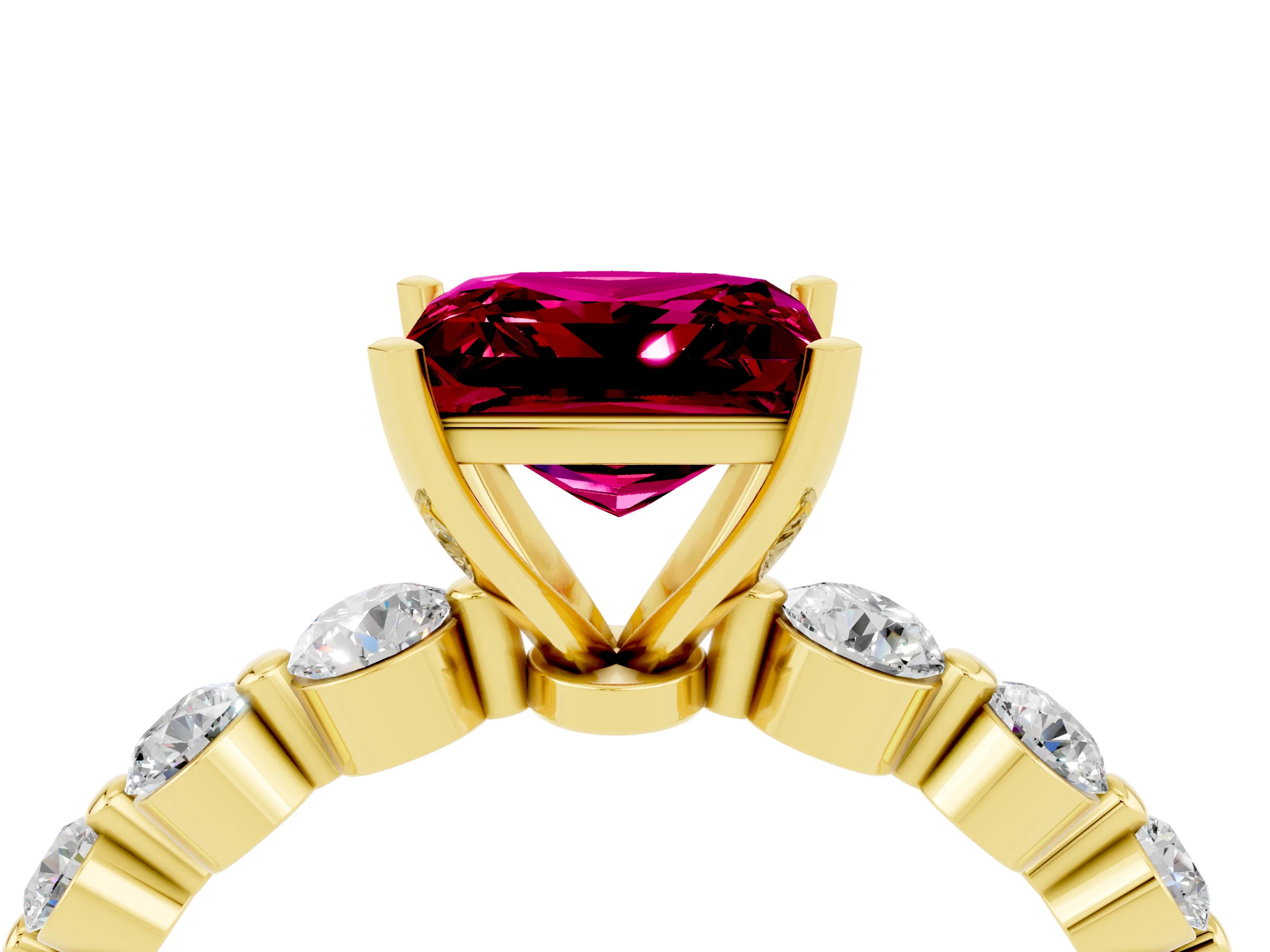 Yellow gold Princess Cut Solitaire Garnet Ring with Pave Band and Four-Prong Setting_4