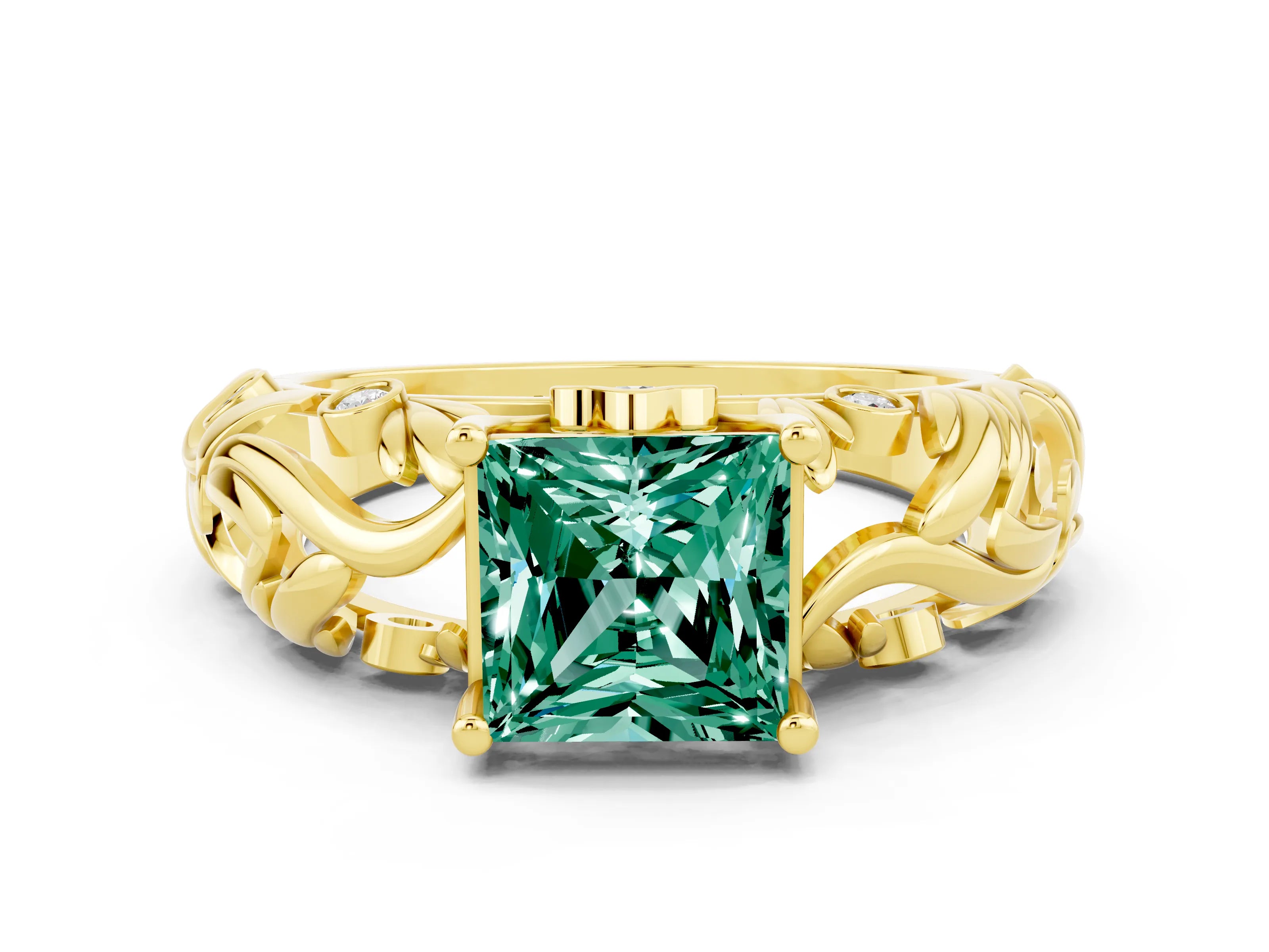 Yellow gold Princess Cut Solitaire Green Sapphire Leaf-Inspired Vine Band Ring with Prong Setting