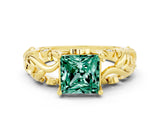 Yellow gold Princess Cut Solitaire Green Sapphire Leaf-Inspired Vine Band Ring with Prong Setting