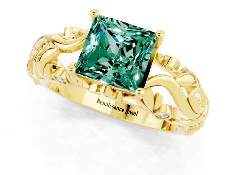 Yellow gold Princess Cut Solitaire Green Sapphire Leaf-Inspired Vine Band Ring with Prong Setting_1