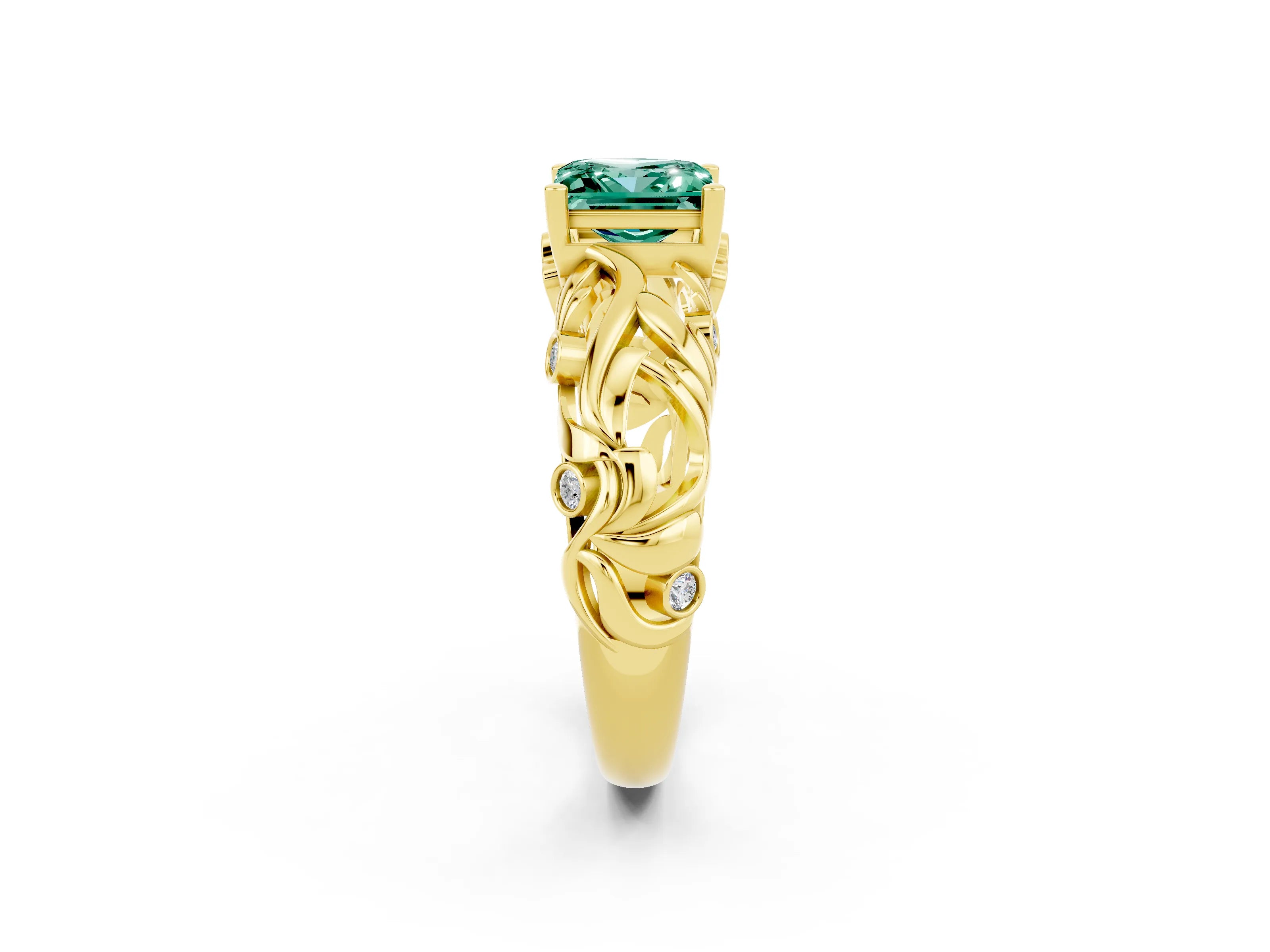 Yellow gold Princess Cut Solitaire Green Sapphire Leaf-Inspired Vine Band Ring with Prong Setting_2