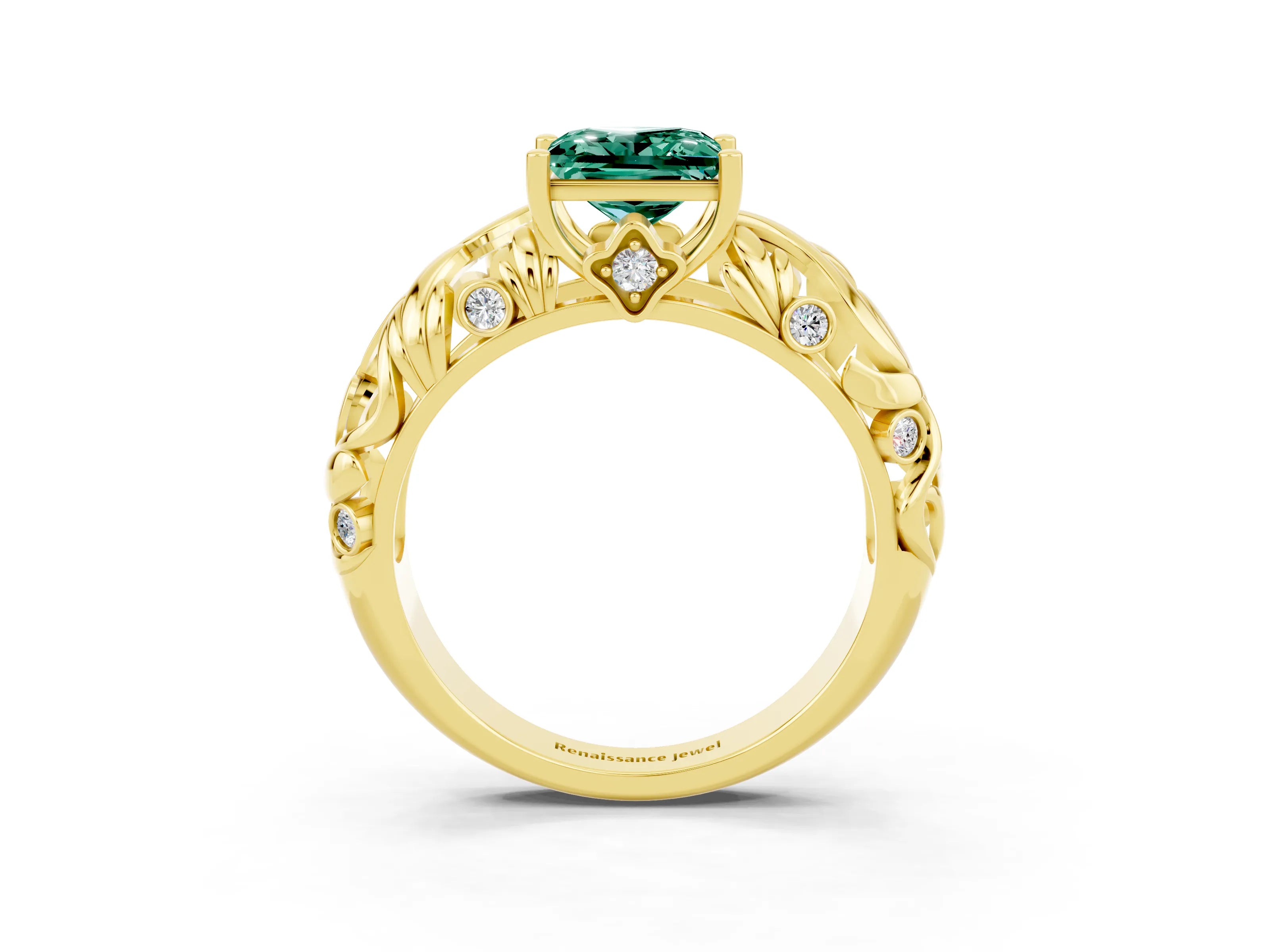 Yellow gold Princess Cut Solitaire Green Sapphire Leaf-Inspired Vine Band Ring with Prong Setting_3
