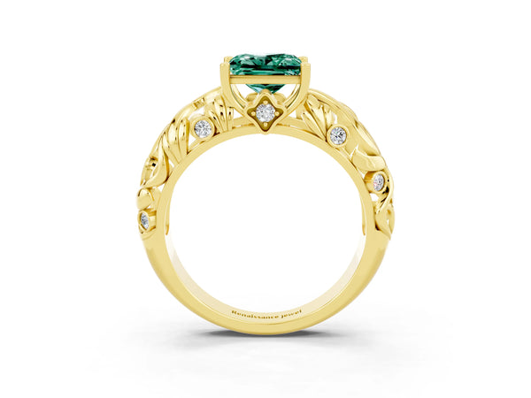 Yellow gold Princess Cut Solitaire Green Sapphire Leaf-Inspired Vine Band Ring with Prong Setting