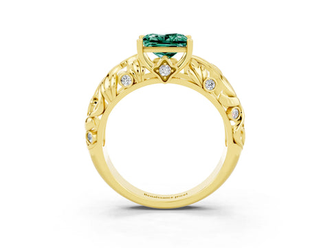 Yellow gold Princess Cut Solitaire Green Sapphire Leaf-Inspired Vine Band Ring with Prong Setting_3