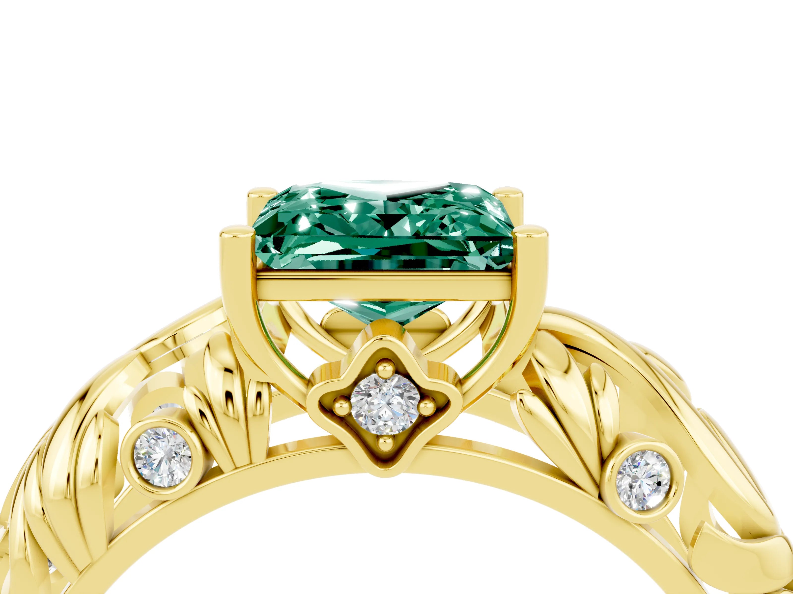 Yellow gold Princess Cut Solitaire Green Sapphire Leaf-Inspired Vine Band Ring with Prong Setting_4